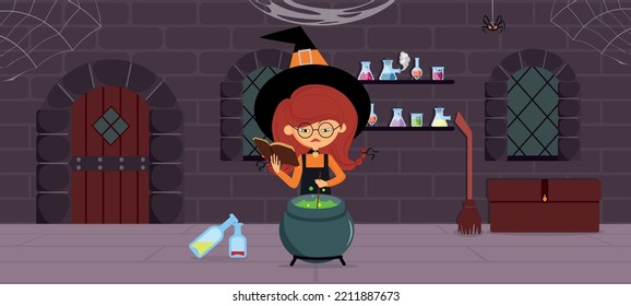 Vector illustration of horror castle interior witch rooms. Cartoon interior with witch that brews potion, shelf with various potions, magic broom, with bunch of cobwebs and spiders.