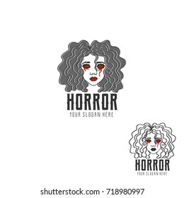 Vector illustration with horror girl. Hand drawn logo design. 