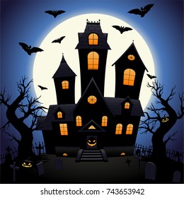vector illustration, a horror house in a cemetery in the background of a huge moon