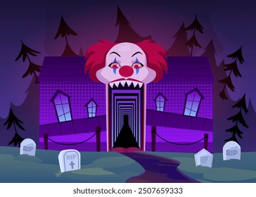 Vector illustration of a horror house entrance in the form of a scary clown's mouth. The house is surrounded by gravestones against the background of a night forest. Halloween theme. Flat style.