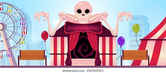 Vector illustration of a horror house entrance with a human skeleton. Carnival fair, amusement park with circus tents and ferris wheel on a cityscape background. Halloween theme. Flat style.