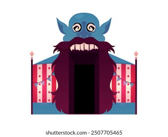 Vector illustration of a horror house entrance with a creepy design in the form of an open mouth of a scary blue goblin with a beard. Perfect for Halloween. Flat style. Isolated background.