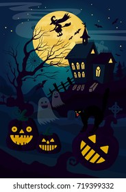Vector illustration of horror house and pumpkin lanterns and cat with witch flying at night. Halloween card.