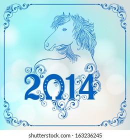 Vector illustration with horse and 2014 inscription. Merry Christmas and Happy New Year greeting card