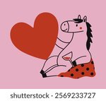 Vector illustration of horse with big red heart and doodle tattoo elements. Symbol of New Year 2026 print design with animal, romantic greeting card template, funny home decoration poster