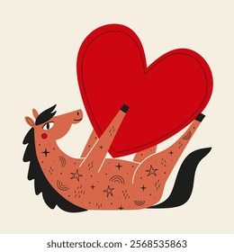 Vector illustration of horse with big red heart and doodle tattoo elements. Symbol of New year 2026 print design with animal, romantic greeting card template, funny home decoration poster