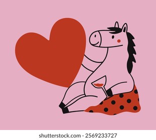 Vector illustration of horse with big red heart and doodle tattoo elements. Symbol of New Year 2026 print design with animal, romantic greeting card template, funny home decoration poster