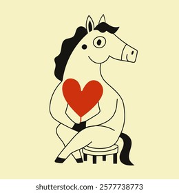 Vector illustration of horse with big red heart. Symbol of New year 2026 print design with animal, romantic greeting card template, funny home decoration poster