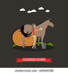 Vector illustration of horse breeder female cleaning horse and round hay bales behind them. Grooming horses flat style design element.