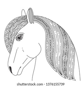 Vector illustration of horse, chinese horoscope sign. Card, coloring page, tattoo, t-shirt, poster, print design.