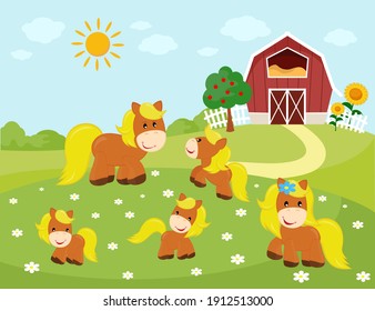 Vector illustration of horse family in cartoon style with cute lovely cow different situations.