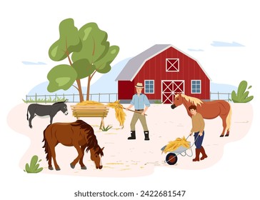 Vector illustration of horse farm and agriculture. Farmers take care of his country pets, gives them hay. Horse breeding Summer rural landscape. Design elements for infographics, websites, print media