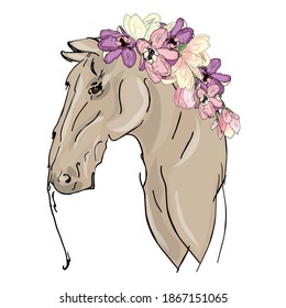 Vector illustration of a horse with flowers. Spring, mane, horse blank for designers, logo, icon fashion illustration,
