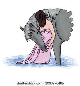 Vector illustration: horse is having bath with her woman