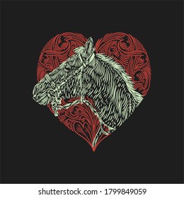 vector illustration horse head with a background of red ornament love vintage engraving