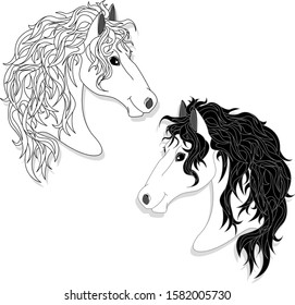 Vector illustration of horse head clip-art set. Monochrome image. Colouring page