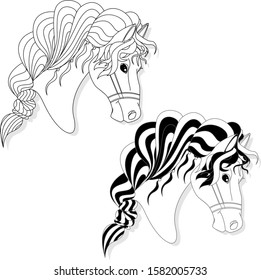 Vector illustration of horse head clip-art set. Monochrome image. Colouring page