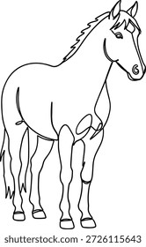 Ilustração vetorial do ícone de cavalo com pose de pé, contorno detalhado, estilo de silhueta e elemento de design de anatomia animal