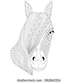 Vector illustration of the horse, isolated. Black and  white artwork in ethnic and zentangle style. Coloring page, t-shirt, print, card, poster, tattoo design