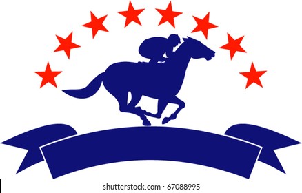 vector illustration of a horse and jockey racing silhouette with scroll in front and stars in background isolated on white