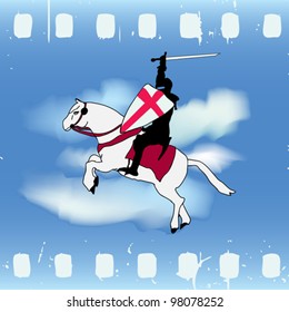 Vector illustration with a Horse Knight against a cloud sky on film strip like background