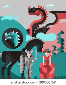 Vector illustration of a horse, knight, dragon and princess. Flat.