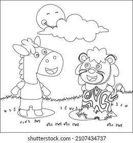 Vector illustration of horse and lion on a field in a beautiful nature, Trendy children graphic with Line Art Design Hand Drawing Sketch Vector illustration For Adult And Kids Coloring Book.