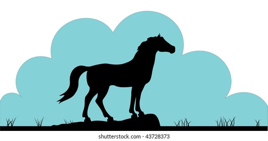 Vector illustration of a horse on a background of the sky