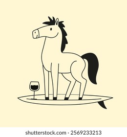 Vector illustration with a horse on surf with a glass of wine. Funny vacation print design. Symbol of New Year 2026, inspirational greeting card template, funny home decoration poster