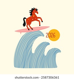 Vector illustration with horse on a surf and big ocean waves. Symbol of New year 2026, inspirational greeting card template, funny home decoration poster with surfing animal