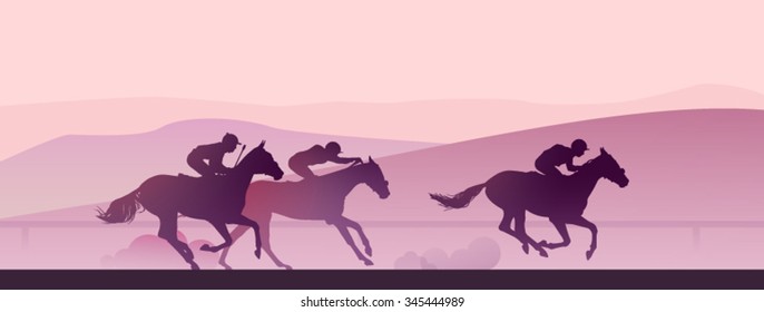 Vector illustration: horse race at early morning in mountains