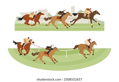 Ilustración vectorial de las carreras de caballos. Los jinetes en caballos pura sangre participan en competiciones con uniformes y cascos para carteles sobre deportes ecuestres.