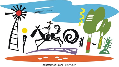 Vector illustration of horse rider in Australian outback