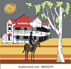 Vector illustration of horse and rider, Australian outback.