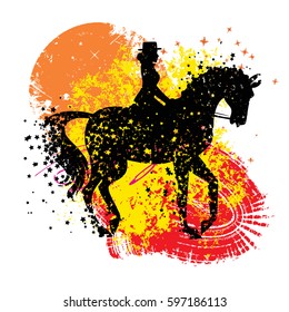 Vector illustration with horse and rider. Poster with Silhouette of star particles. For logo, banner or print for t-shirt and bags. 