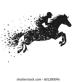 Vector illustration with horse and rider. Poster with Silhouette of star particles. For logo, banner or print for t-shirt and bags. 