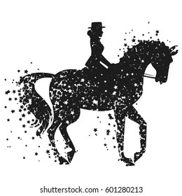 Vector illustration with horse and rider. Poster with Silhouette of star particles. For logo, banner or print for t-shirt and bags. 