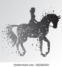 Vector illustration with horse and rider. Poster with Silhouette of star particles. For logo, banner or print for t-shirt and bags. 