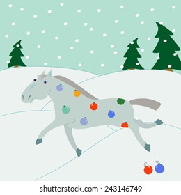 vector illustration of horse running on the winter background 