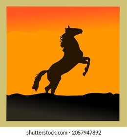 Vector illustration of horse silhouette in the wild at dusk in gold frame suitable for wall decoration, foster, sticker, logo, icon, mascot and screen printing