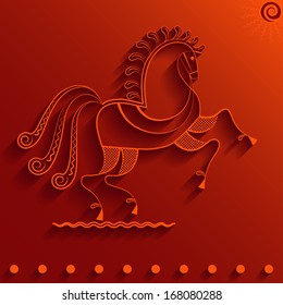 vector illustration of a horse in the style of Russian folk art with symbols of good luck wishes