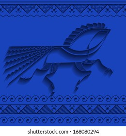 vector illustration of a horse in the style of Russian folk art with symbols of good luck wishes