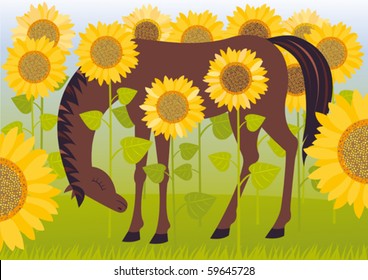 Vector illustration of horse in sunflowers.