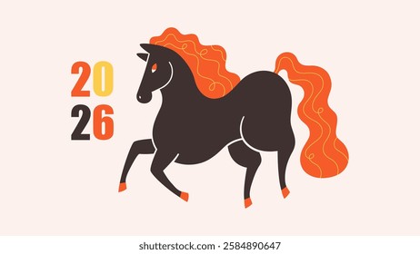 Vector illustration with Horse, symbol of 2026 year according Chinese calendar. Print design with animal for greeting cards, posters, banners. Year of the Horse. Happy Chinese New year.  