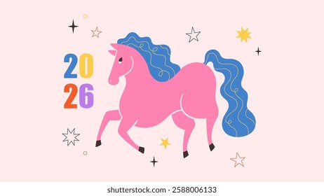 Vector illustration with Horse, symbol of 2026 year according Chinese calendar. Print design with animal for greeting cards, posters, banners. Year of the Horse. Happy Chinese New year.  