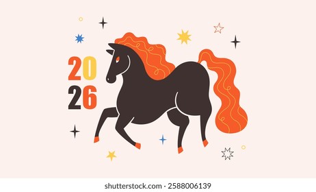 Vector illustration with Horse, symbol of 2026 year according Chinese calendar. Print design with animal for greeting cards, posters, banners. Year of the Horse. Happy Chinese New year.  