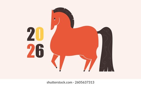 Vector illustration with Horse, symbol of 2026 year according Chinese calendar. Print design with animal for greeting cards, posters, banners. Year of the Horse. Happy Chinese New year