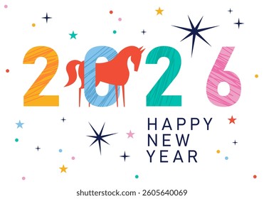 Vector illustration with Horse, symbol of 2026 year according Chinese calendar. Print design with animal for greeting cards, posters, banners. Year of the Horse. Happy Chinese New year
