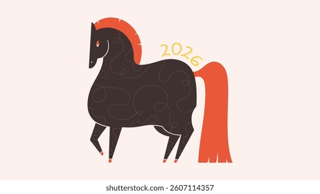 Vector illustration with Horse, symbol of 2026 year according Chinese calendar. Print design with animal for greeting cards, posters, banners. Year of the Horse. Happy Chinese New year