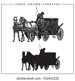 Vector Illustration of Horse-drawn Carriage, Horse Cart with Coachman and Two Horses. Isolated monochrome image and silhouette.